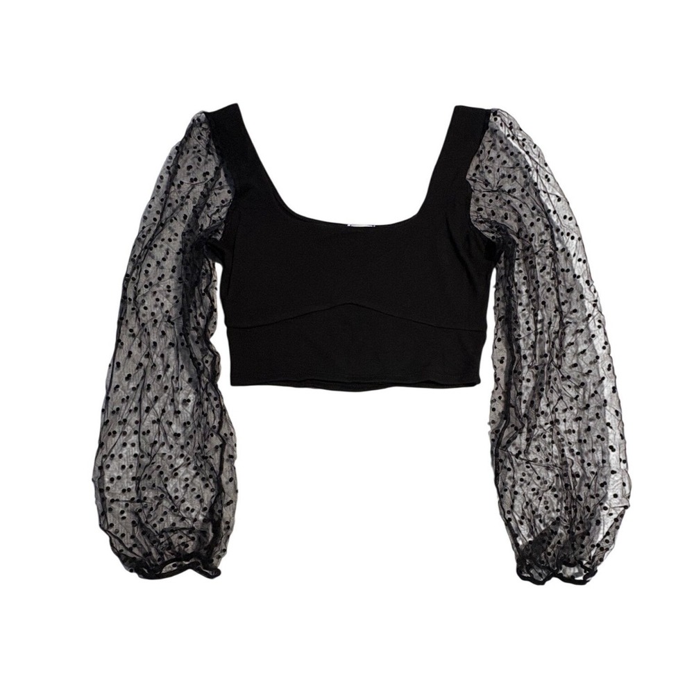 Black Sheer Polka Dot‎ Sheer Puff Sleeve Square Neck Crop Top Womens Size M